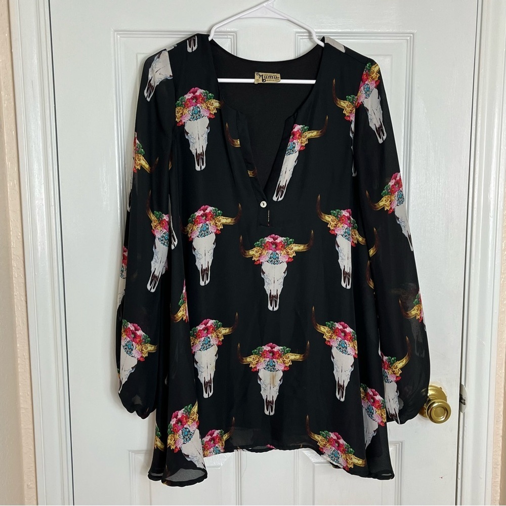 Show Me Your Mumu Womens Jamie Tunic Dress Size S Longhorn Steer Black Floral